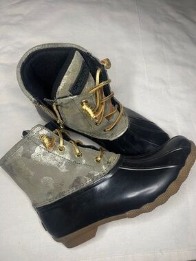 Sperry Black Rubber Duck Boots with Olive Camo Upper and Gold Hardware